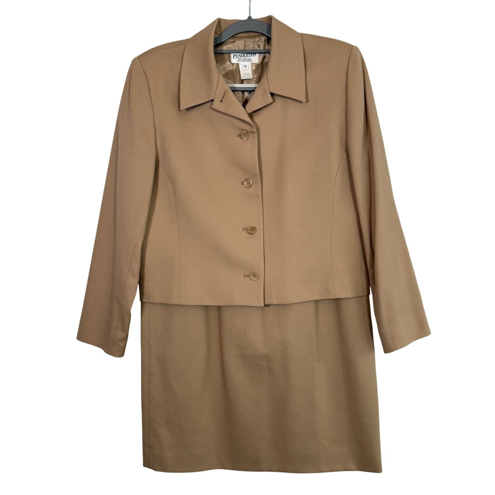 VTG Pendleton Wool Suit Blazer Skirt Tan Classic Business Professional Size 12